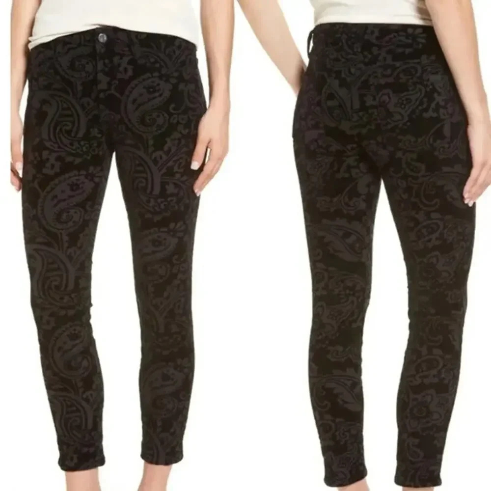 7FAM Black Velvet Paisley Pants‎ Ankle Skinny Size 25 Boho READ